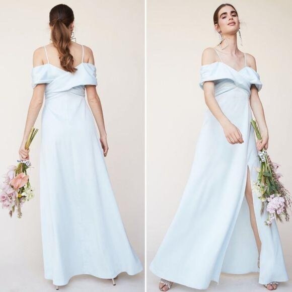 LPA Shirred Cross Front Gown Blue Maxi Dress Size Small Front Slit Ruched Sz S - Picture 14 of 14